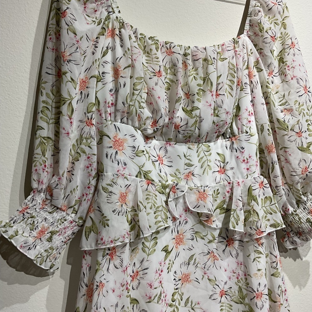 EXLURA Womens Floral Ruffle Sun Dress Sundress Tiered Square Neck Long Sleeve M. - Picture 10 of 10